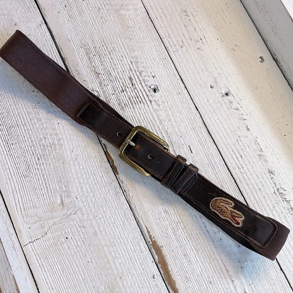 LACOSTE VINTAGE stretch belt kids• brown leather trim solid brass buckle • 30/75